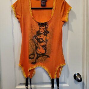 Rare Lucky 13 Pin-Up Garter Shirt Orange Lace Rockabilly Y2K Tattoo Tee | XL